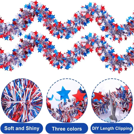 Patriotic Glitter Tinsel Garland Decoration, Red White Blue Star Metallic Tinsel Twist Garland, 4th of July Decor Parade Golf Cart Shiny Tinsel for Car Bike Independence Day Memorial Day Decor {2}