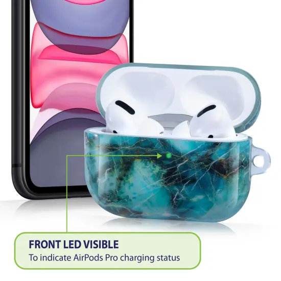 Marble Case Compatible with Airpods Pro, Glossy Soft TPU Protective Smooth Cover with Portable Keychain, Supports Wireless Charging, Shockproof & Anti-Scratch, Shinny Green Marble by Insten {4}