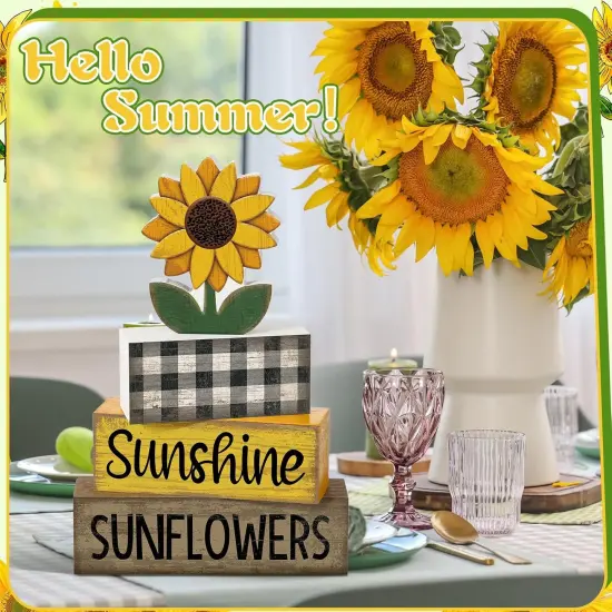 4 Pcs Summer Sunflower Decorations Sunflower Wooden Sign Sunshine Table Centerpiece Summer Tiered Tray Decor Decorative Faux Book Stack Block for Coffee Table Fireplace Mantel Floating Shelf {4}