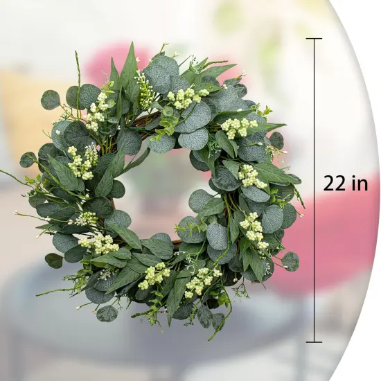 22 Inch Artificial Green Eucalyptus Wreath Summer Wreaths for Front Door with White Berries Summer Decor for Porch, Wall, Farmhouse {5}