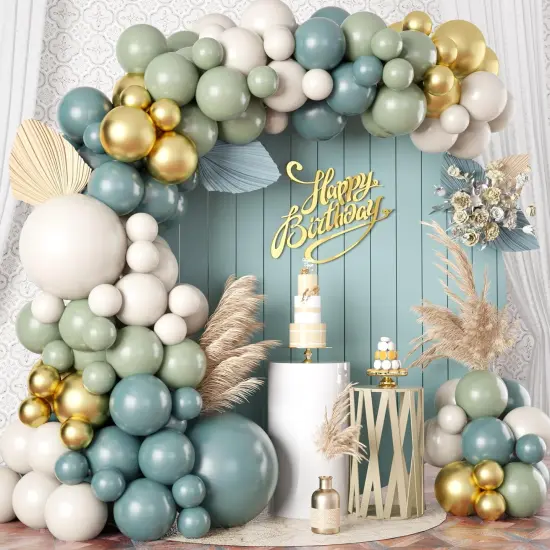 Dusty Sage Green Blue Gold Balloon Garland Kit, 107 PCS Pastel Olive Green Slate Blue Beige Metallic Gold Balloon Arch Kit for Women Men Boho Birthday Wedding Baby Bridal Shower Party Decorations {1}