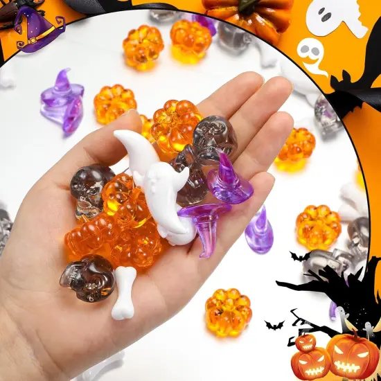 120 Pcs Mini Acrylic Pumpkin - Witch Hats Skull Head Skeleton Bones Cute Ghost {3}