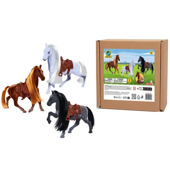 Simba Toys: Flocked Horse Set &ndash; 3 Detailed Pony Figurines, 7" Toy Animal Miniatures, Brush & Saddles, Brown, White, Black Set, Nature World, Kids 3+ {7}