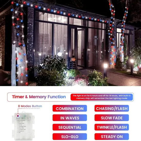 2 Pack Red White and Blue Fairy Lights Battery Operated, 33FT 100LED July 4th Patriotic String Lights with Timer, 8 Modes Waterproof Twinkle Light Indoor Outdoor for Independence Day National Day {2}