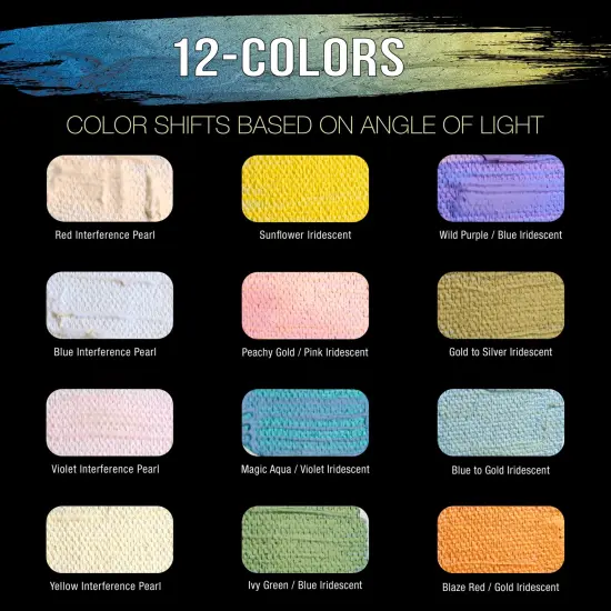 U.S. Art Supply Professional 12 Color Set of Iridescent Acrylic Paint, 75ml Tubes - Luminescent Special Effect Chameleon Color-Shifting Pearl Colors {3}