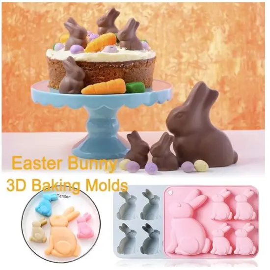 Easter Bunny Chocolate Molds Set, 3D Cute Easter Bunny Silicone Mold for Baking Easter Treats Chocolate, Cake, Jelly, Fudge, Pudding {4}