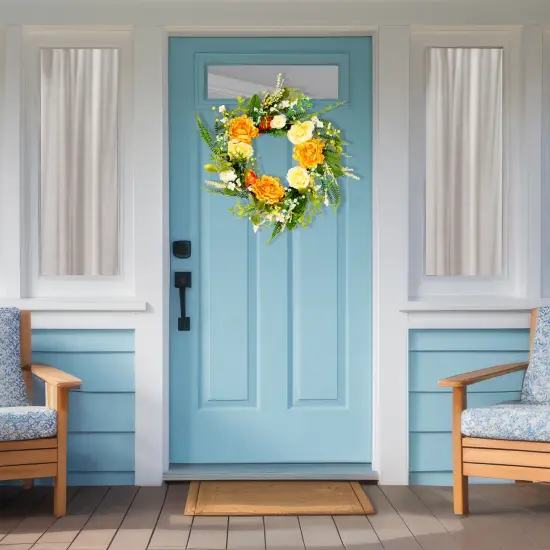 Northlight Hydrangea and Rose Artificial Floral Wreath - 24" - Yellow {4}