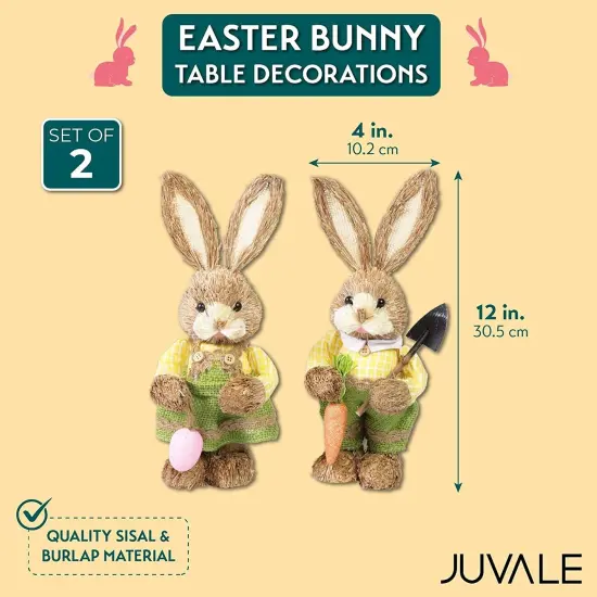 Juvale 2-Pack Standing Straw Woven Easter Bunny Figurines, 12-Inch Decorative Sisal Rabbit Statues for Party and Home Spring Decor, Garden Easter Decorations for Table Settings Brown {2}