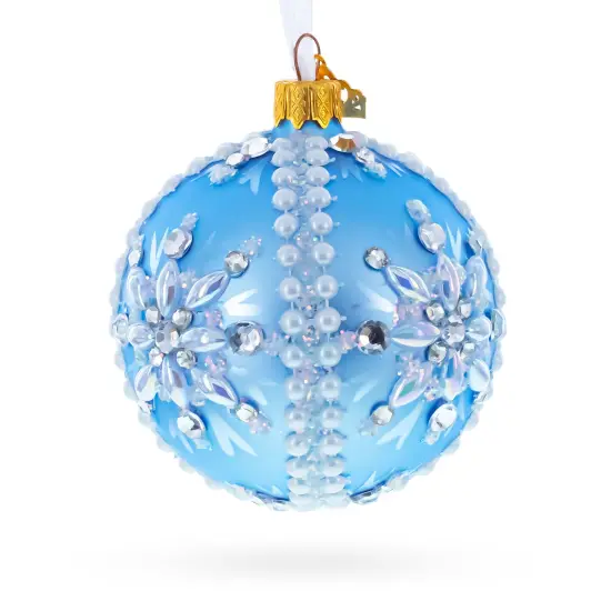 Blue and Pearl Jewel-Embellished Glass Ball Ornament 3.25 Inches {3}