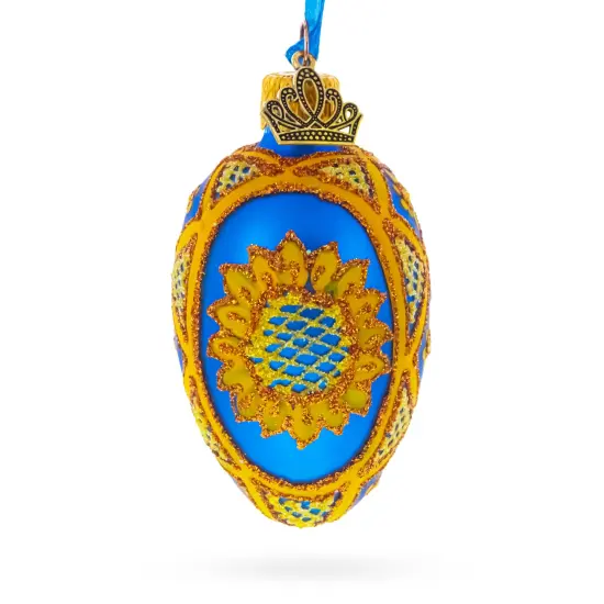 Cobalt Blue with Yellow Sunflower and Red Glitter Accents Mini Glass Egg Ornament 2.9 Inches {1}