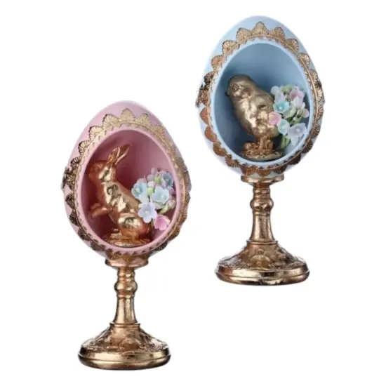 7" Resin Egg Pedestal with Bunny & Chick &ndash; Easter Display Decor {1}