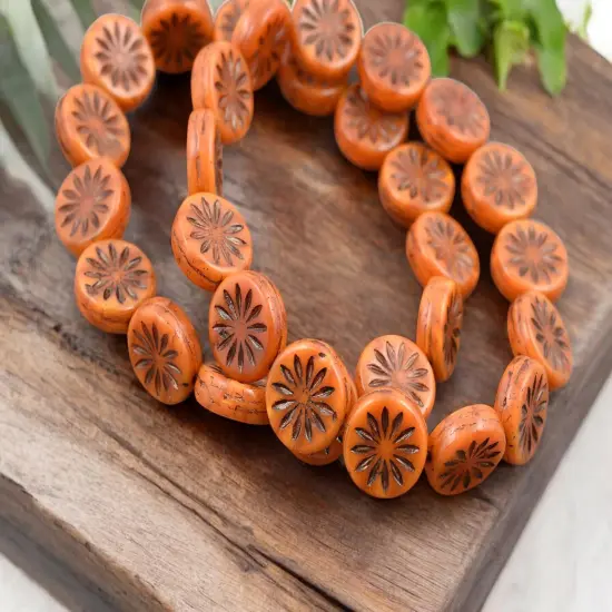 *15* 12mm Metallic Brown Washed Orange Opaline Aster Flower Coin Beads {3}