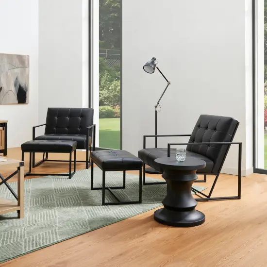 Set of 2 Modern Hunter Thick Leatherette Accent Chair & Accent Stool Black {3}