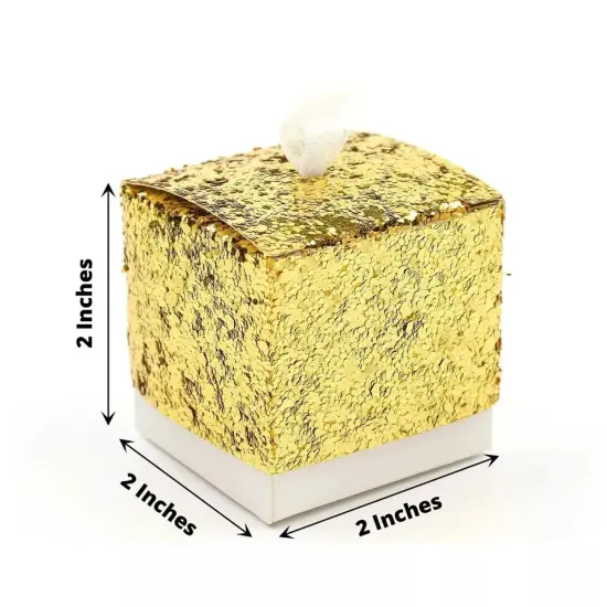 25 Gold 2 in Mini GIFT BOXES Sequin Glittered Favor Holders White Ribbon Party {5}