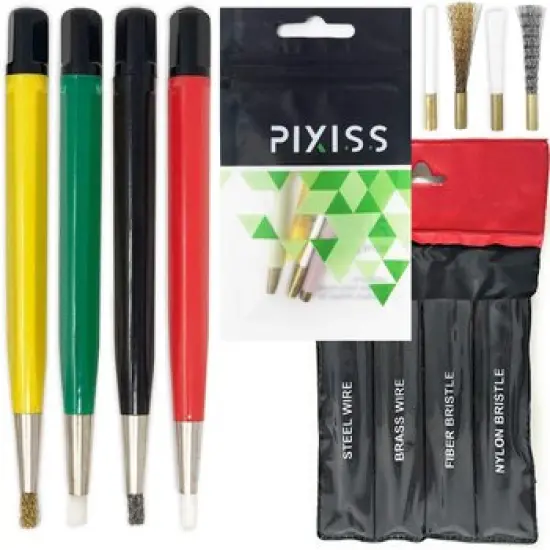 Pixiss Scratch Brush Pen Set With Replacement Tips, Fiberglass, Steel, Brass, Nylon, 5-inches Pen Style Prep Sanding Brush 4-Pack For Corrosion, Rust, Jewelry, Circuit Boards and Auto Body Work {1}