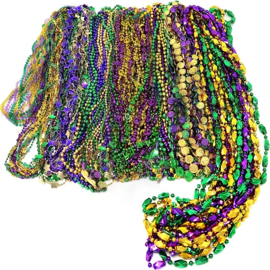 4E's Novelty Bead Assortment Mardi Gras Bulk (100 Pcs) - Metallic Purple, Gold, Green Necklaces, Unique Designs, Party Favors {1}