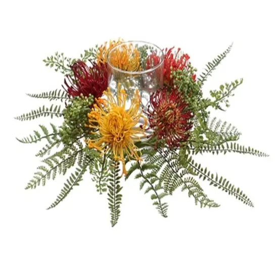 Allstate Artificial Protea and Fern Glass Pillar Candle Holder - 17" - Red and Yellow {1}