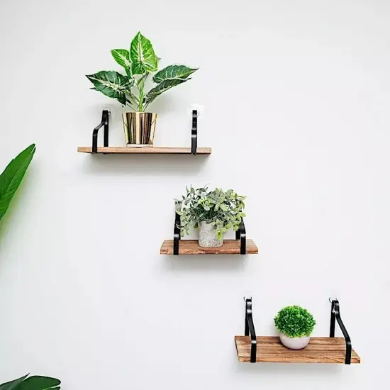 3 Natural Rectangular Wood FLOATING SHELVES Metal Brackets Room Home Decorations {4}