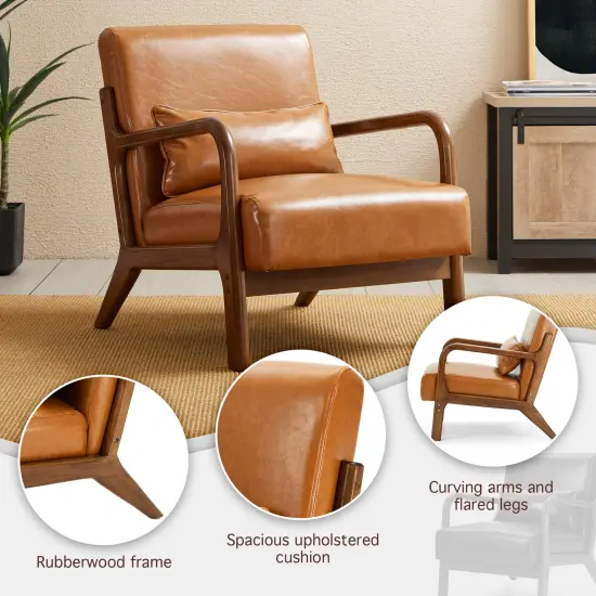 Set of 2 30.75"H Mid-Century Modern PU Leather Armchair Accent Chairs with Pillow Camel {3}