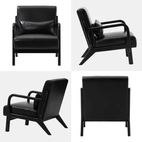 Set of 2 30.75"H Mid-Century Modern PU Leather Armchair Accent Chairs with Pillow Black {5}