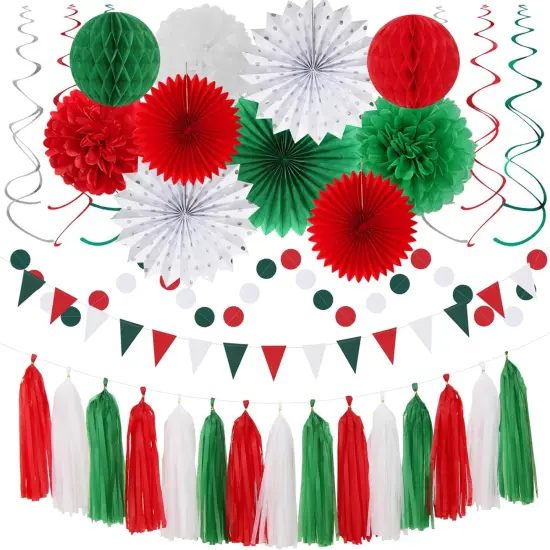 Red-Green White Christmas Party-Decorations - 33pcs Banner,Mexico Italy Streamers Tassel Garland,Tissue Pom Poms Honeycomb,Paper Lantern Fans,Mexican Italian Birthday Wedding Baby Shower Decor {1}