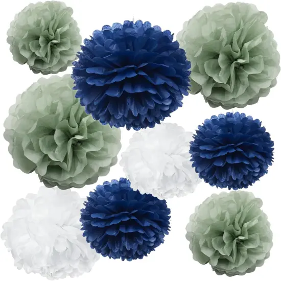 Navy Blue Sage Green Living Room Wall Decor - Hanging Tissue Pom Poms Paper Flowers Backdrop Boho Boy Baby Shower Nursery Bedroom Wedding Bridal Shower Party D&eacute;cor, 9PCS {1}