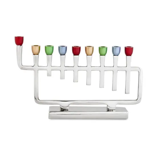 Polished Silver Metal Menorah with Colorful Candle Cups By Kinor Decor {1}