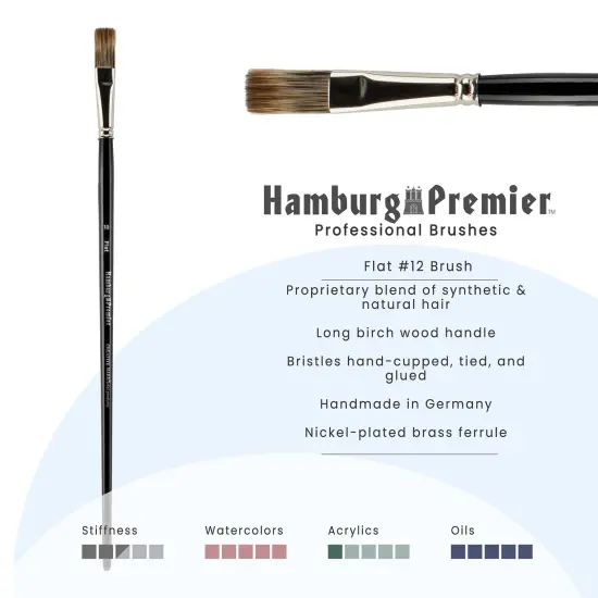 Creative Mark Hamburg Premiere Professional Oil Painting Brushes - Flat #12 Oil Paint Brush - Handmade in Germany, Natural & Synthetic Hair Blend, Long Triple-Lacquered Birch Handle {3}