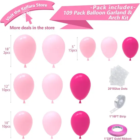Pink Balloon Garland Arch Kit, Kelfara 109Pcs Hot Pink Latex Pastel Pink Balloon, 18 12 10 5 Inch Latex Balloons for Wedding Birthday Princess Theme Bridal Baby Shower Bridal Shower Party Decorations {2}