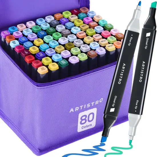 80 Dual-Tip Alcohol Markers - Alcohol-Based Pens Set, Chisel + Fine Tip, Quick Dry, Carrying Case Included {1}