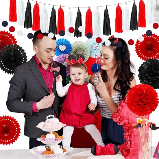 29 Pcs Red and Black Decorations Mouse Paper Decoration Fan Pom Pom Honeycomb Flower Tissue Tassel Garland Theme Party Supplies for Graduation Birthday(White, Red, Black) {2}