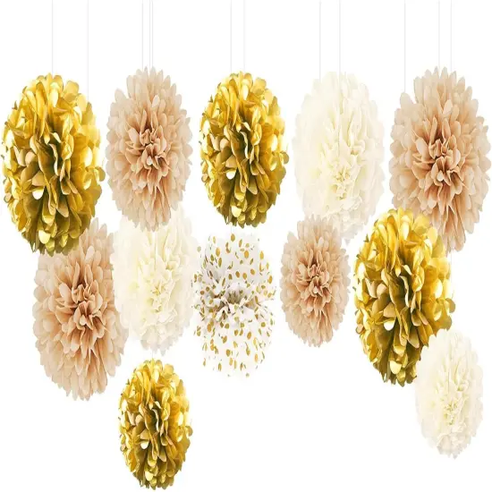 White Gold Party Decoration, 12 PCS White Gold Champagne Tissue Paper Pom Poms Paper Flowers for Wedding Bridal Baby Shower Engagement Birthday Prom Festival Party Supplies Visit the NICROHOME EUR Store {1}