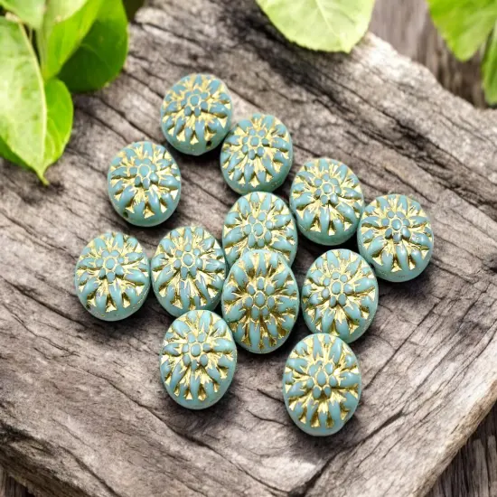 *12* 15mm Gold Washed Turquoise Dahlia Flower Coin Beads {3}