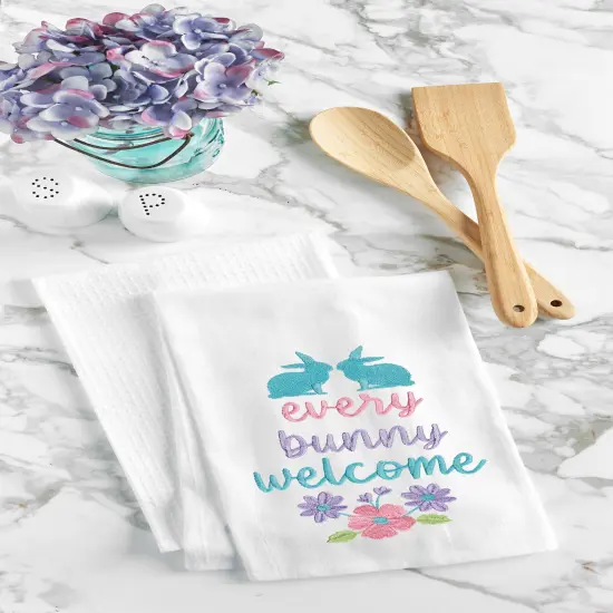 "Every Bunny Welcome" Spring Easter Rabbit Embroidered Cotton Flour Sack Kitchen Dishtowel {3}