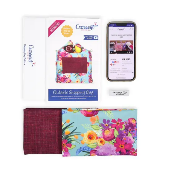 Crosscut Sewing Co.&reg; Foldable Shopping Bag Sewing Kit - Beginner Sewing Project Kit Teal floral {6}