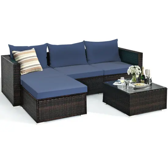 5 Pieces Patio Rattan Sectional Furniture Set with Cushions and Coffee Table Red {7}