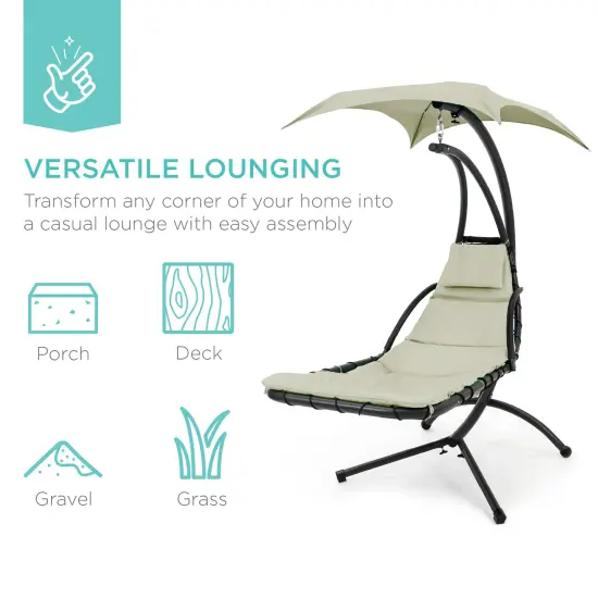 Best Choice Products Hanging Curved Chaise Lounge Chair Swing for Backyard, Patio w/ Pillow, Shade, Stand Sage {5}