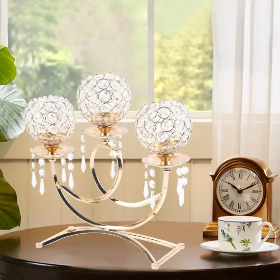 Crystal Candle Holder 3 Arms Free Standing Candlestick for Dining Room Table {2}
