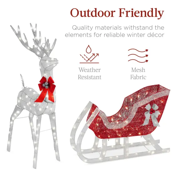 Best Choice Products Lighted Christmas 4ft Reindeer & Sleigh Outdoor Yard Decoration Set w/ 205 LED Lights, Stakes Silver - Large {5}