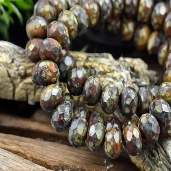 *25* 6x8mm Blended Red & Orange Opaline Picasso Fire Polished Rondelle Beads {2}