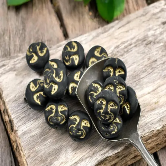 *15* 13mm Gold Washed Matte Jet Black Moon Face Coin Beads {2}