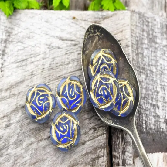 *6* 17mm Gold Washed Matte Sapphire Rose Flower Coin Beads {4}