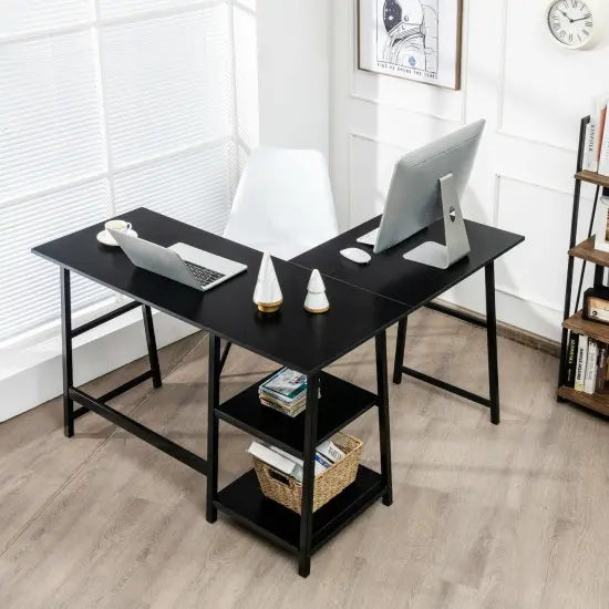 L Shaped Corner Computer Desk with Storage Shelves and Heavy Duty Metal Frame Black {5}