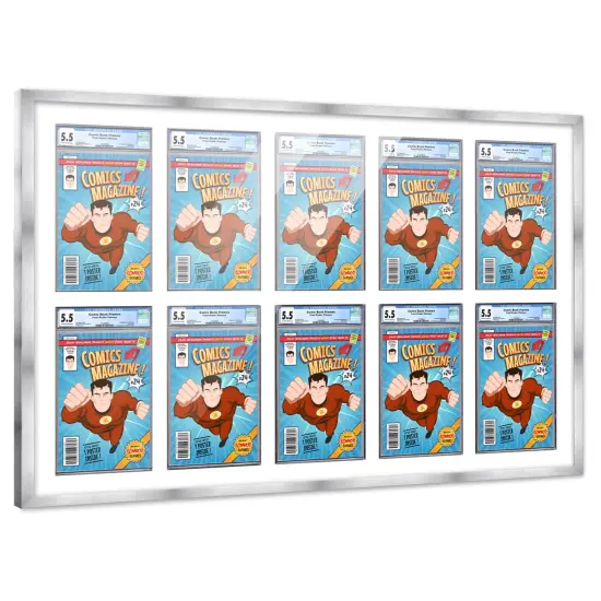 Comic Book Frame with Mat for 10 Graded Comics - Silver Wood Comic Frame With White Mat for 8.125x13 Comics - 44x28.25 Frame Size {7}