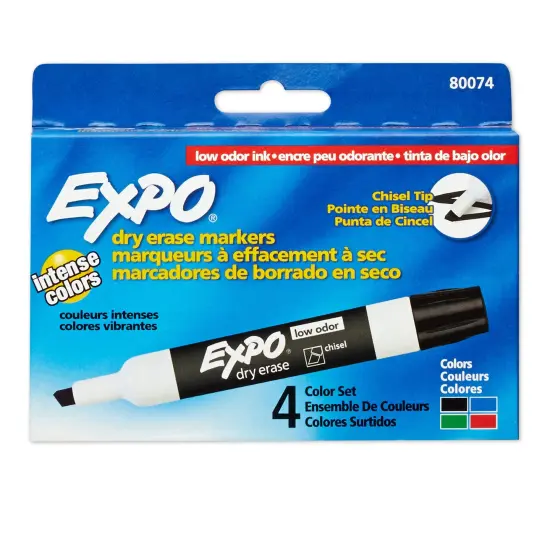 Low-Odor Dry Erase Markers, Chisel Tip, 4 Colors, Pack of 4 {1}