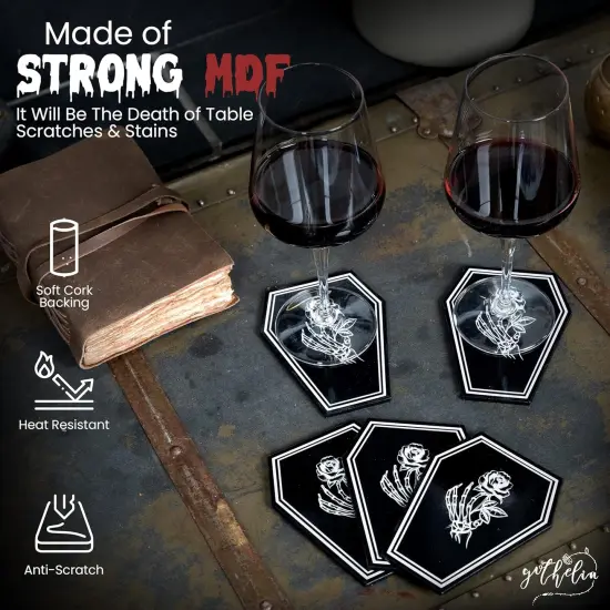 5 Piece Set Shiny Skeleton Rose Coffin Shaped Coasters {2}