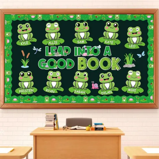 62Pcs Frog Bulletin Board Decor Set Green Back to School Paper Cutout {1}