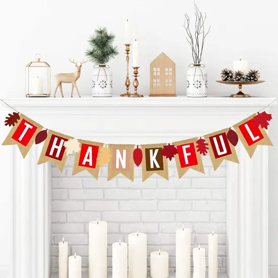Thankful Burlap Banner Fall Autumn Maple Leaves Rustic Burlap {1}