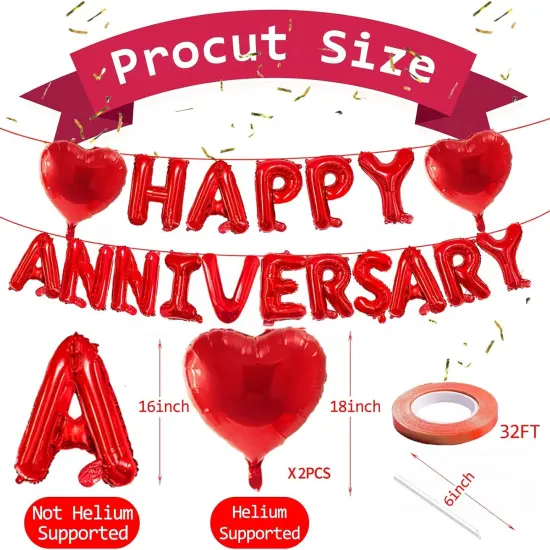 16" Red HAPPY ANNIVERSARY Letter Balloons with 18" Heart-Shaped Foil Balloons {2}