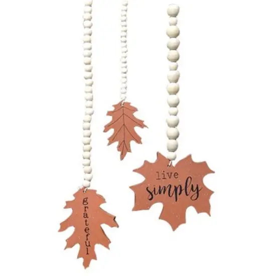Set of 3 Rustic Brown Wood Beaded Fall Leaves Wall Hangings Garland Farmhouse Autumn Home Decor {2}